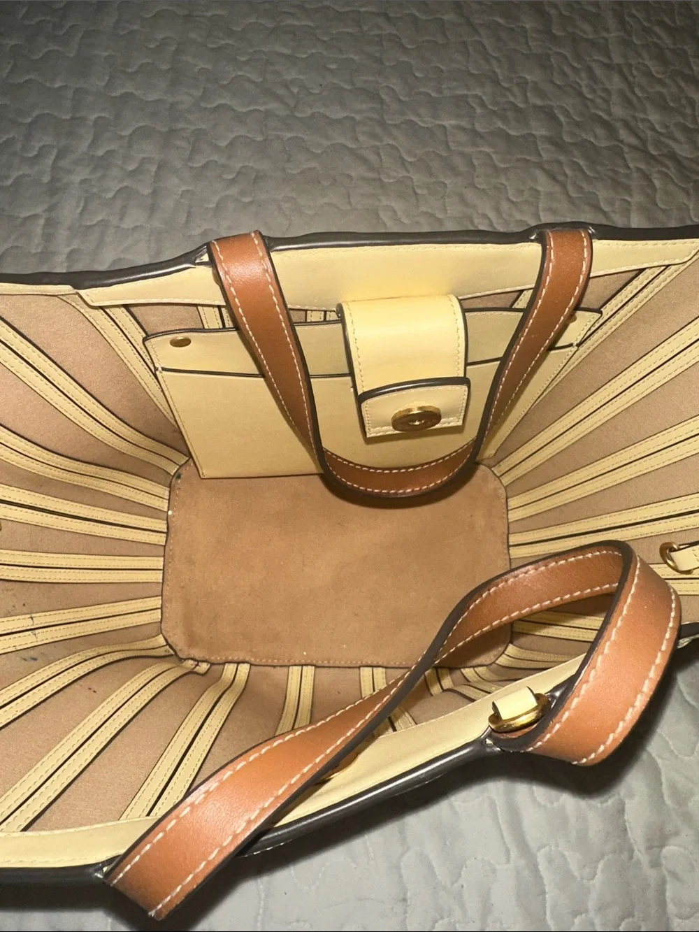 Tory Burch Mustard and Cream Striped Canvas Tote with Brown Handles